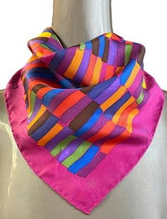 GUCCI MULTICOLOR SILK NECKERCHIEF 18": GUCCI MULTICOLOR SILK NECKERCHIEF 18" -VERY GOOD PRE OWNED CONDITION -APPROX 18" -GUCCI SILK SCARF FEATURING A VIBRANT ABSTRACT DESIGN WITH MULTICOLORED BRUSHSTROKE PATTERN ON A FUCHSIA BACKGROUND. BO