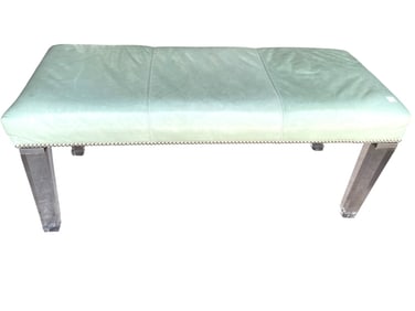 GREEN LEATHER UPHOLSTERED BENCH WITH LUCITE LEGS