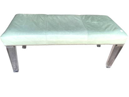 GREEN LEATHER UPHOLSTERED BENCH WITH LUCITE LEGS: GREEN LEATHER UPHOLSTERED BENCH WITH LUCITE LEGS AND SILVERTONE NAILHEAD TRIM STRIKING MODERN BENCH FEATURING MINT GREEN LEATHER UPHOLSTERY ACCENTED WITH DECORATIVE SILVERTONE NAILHEAD TRIM ALONG THE