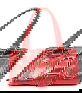 CELINE ELLA FRAME CALFSKIN LEATHER HANDBAG: CELINE ELLA FRAME CALFSKIN LEATHER -RED -CALF LEATHER -28*17*17CM -DUSTBAG -CONDITION RATING AB -ABB0226 -BOLD AND SOPHISTICATED, THIS SATCHEL IS CRAFTED FROM VIBRANT RED LEATHER WITH CONTRAST STITCHI