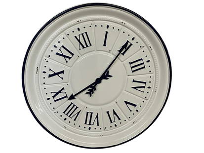 LARGE BLACK & WHITE ENAMELWARE WALL CLOCK 38": LARGE BLACK & WHITE ENAMELWARE WALL CLOCK – ROMAN NUMERALSOVERSIZED ROUND WALL CLOCK FEATURING A CLASSIC BLACK AND WHITE ENAMELWARE FINISH WITH RAISED ROMAN NUMERALS AND TRADITIONAL STYLE HANDS. THE