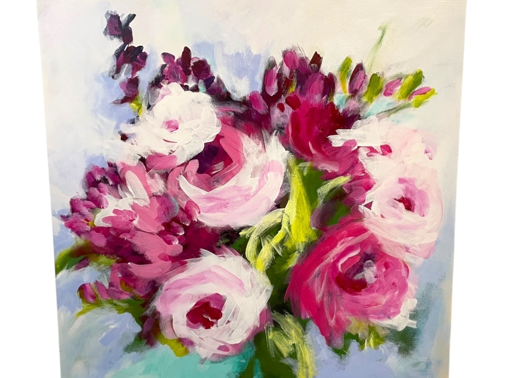 HAND PAINTED FLORAL BOUQUET ACRYLIC ON CANVAS 30": STYLECRAFT HOME “ A VIBRANT AND EXPRESSIVE HAND-PAINTED FLORAL WORK BY STYLECRAFT HOME COLLECTION, TITLED TEXTURED BOUQUET. THIS ACRYLIC ON CANVAS PIECE FEATURES LUSH BLOOMS IN SHADES OF PINK, RED, 