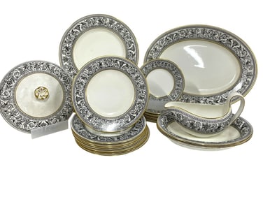 43 PIECE WEDGWOOD FLORENTINE BLACK AND GOLD CHINA