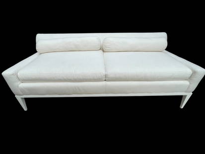MODERN WHITE UPHOLSTERED SOFA 51": VANGUARD FURNITURE MODERN WHITE UPHOLSTERED SOFA | SLEEK AND CONTEMPORARY WHITE UPHOLSTERED SOFA BY VANGUARD FURNITURE. FEATURES CLEAN LINES WITH TRACK ARMS, ANGLED WOOD LEGS IN A WHITE FINISH, AND TW