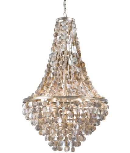 REGINA ANDREW CAPRI ABALONE SHELL CHANDELIER: REGINA ANDREW CAPRI ABALONE SHELL CHANDELIER -SHOWROOM CONDITION -H 46.5" X W 25.5" X D 25.5" -PIECES OF ABALONE SHELL LOOK IRIDESCENTLY COOL IN THIS CHANDELIER, PROVIDING DIMENSION AND A HINT OF SHIN