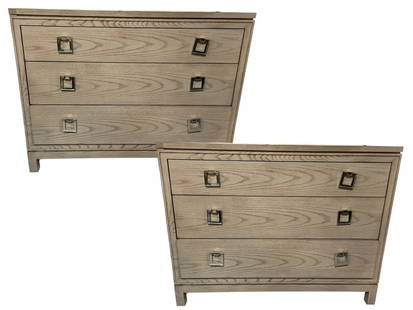 LILLIAN AUGUST HICKORY WHITE THREE-DRAWER CHESTS: PAIR OF LILLIAN AUGUST FOR HICKORY WHITE THREE-DRAWER CHESTS WITH CHROME PULLS | STYLISH AND MODERN PAIR OF DESIGNER CHESTS BY LILLIAN AUGUST FOR HICKORY WHITE. FEATURES THREE DRAWERS WITH SLEEK SQUAR