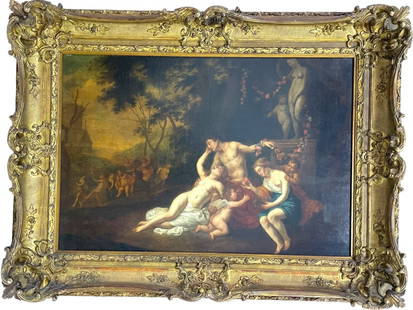 ANTIQUE OLD MASTER OIL PAINTING VENUS & ADONIS 28": ANTIQUE OLD MASTER OIL PAINTING, 18TH CENTURY FRENCH SCHOOL. DEPICTS THE CLASSICAL MYTHOLOGICAL SCENE 'VENUS AND THE DEATH OF ADONIS'. DRAMATIC BAROQUE COMPOSITION IN A WOODED LANDSCAPE. THIS LARGE-SC