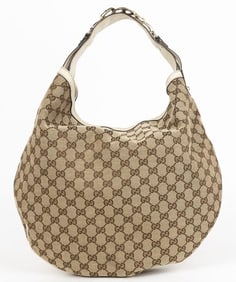 GUCCI WAVE BEIGE/IVORY MONOGRAMMED CANVAS HOBO