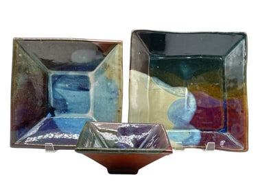 3 JOHN SHEDD STUDIO ART POTTERY SQUARE BOWLS