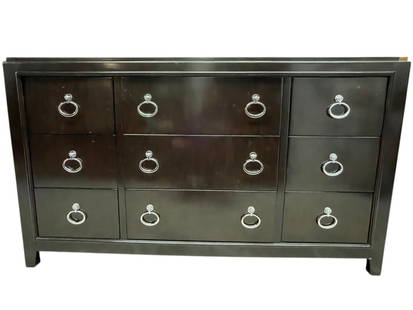 MODERN NINE DRAWER CHROME PULL DRESSER 66": ENDURA FURNITURE CONTEMPORARY NINE-DRAWER DRESSER – SLEEK MODERN CASE PIECE FEATURING A DARK ESPRESSO FINISH WITH DARK MARBLE STONE STYLE TOP AND NINE DRAWERS, EACH ACCENTED WITH POLISHED CHROME RIN