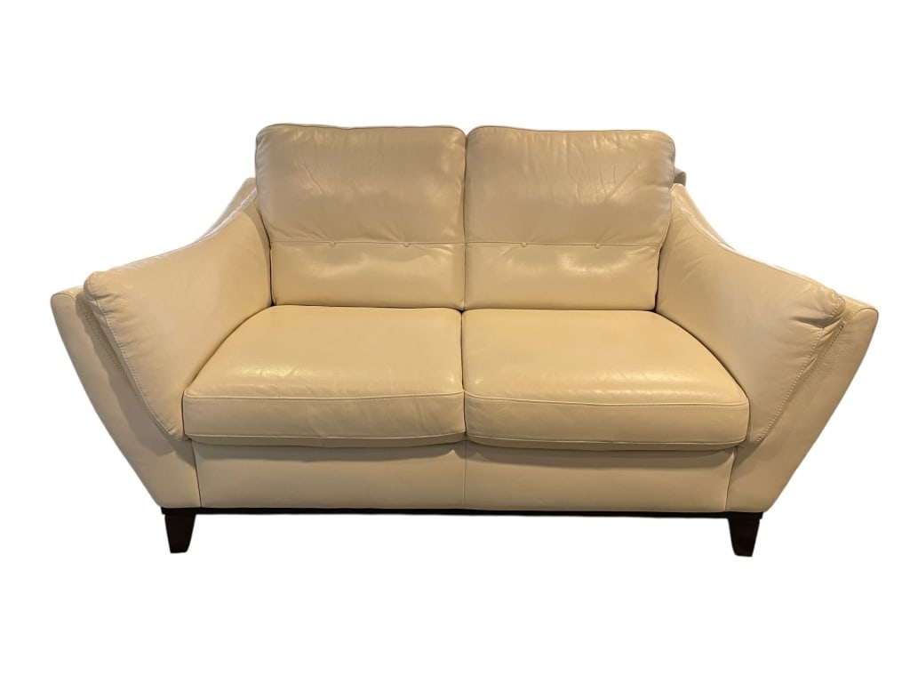 MODERN IVORY LEATHER LOVESEAT 66" (1 of 8)