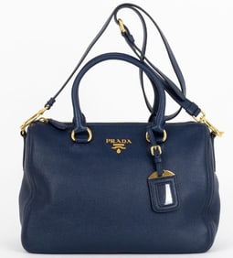 PRADA BAULETTO BOSTON BLUE VITELLO PHENIX HANDBAG