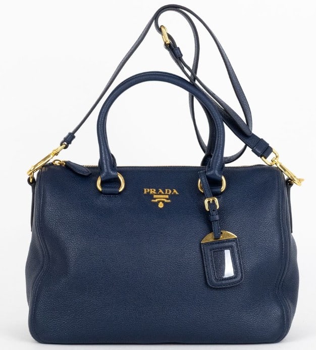 PRADA BAULETTO BOSTON BLUE VITELLO PHENIX HANDBAG (1 of 12)