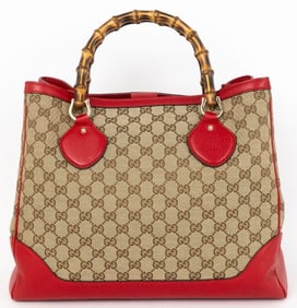 GUCCI BEIGE/RED LARGE BAMBOO HANDLE TOTE