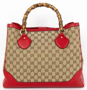 GUCCI BEIGE/RED LARGE BAMBOO HANDLE TOTE: GUCCI LARGE BAMBOO HANDLE TOTE BEIGE/RED MONOGRAMMED CANVAS GOLD -BEIGE/RED -CANVAS -36*29*14CM -DUSTBAG -CONDITION RATING AA -GTA0665 -ICONIC GUCCI TOTE FEATURING BEIGE AND BROWN GG MONOGRAM CANVAS A