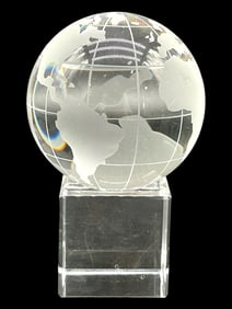 ETCHED CRYSTAL GLOBE ON CLEAR LUCITE BASE 5"