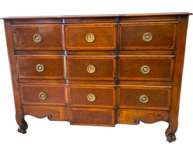 HENREDON BURLED WOOD BOMBE CHEST OF DRAWERS