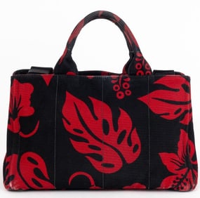 PRADA CANAPA TOTE BLACK/RED PRINTED DENIM CANVAS