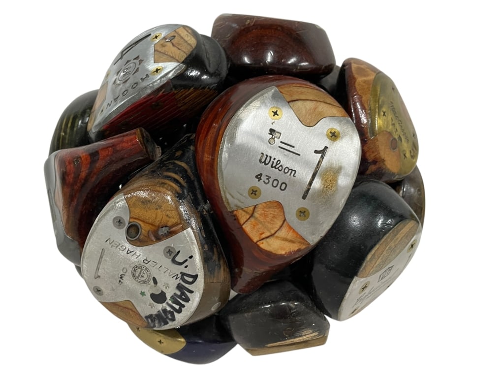 _x0002_UNIQUE GOLF CLUB SCULPTURE BY JEFF DIAMOND 8.5"D: _x0002_UNIQUE GOLF CLUB SCULPTURE BY JEFF DIAMOND – RECYCLED VINTAGE WOODS INTO ARTSTRIKING HANDMADE SCULPTURE BY ARTIST JEFF DIAMOND, COMPOSED OF VINTAGE WOOD GOLF CLUB HEADS INCLUDING WILSON, HOGA