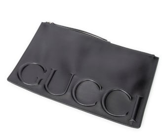 GUCCI ZIP LOGO POUCH LOGO EMBOSSED LEATHER