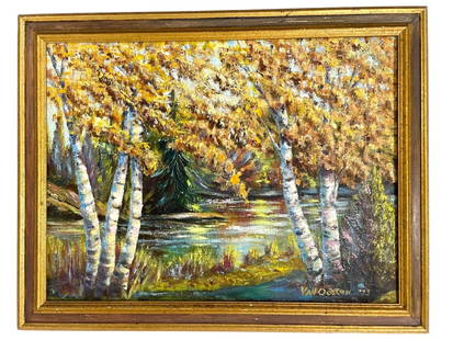 VAN OOSTEN  AUTUMN LANDSCAPE OIL PAINTING 28": VAN OOSTEN AUTUMN LANDSCAPE OIL PAINTING, 1973VIBRANT ORIGINAL OIL ON CANVAS SIGNED BY ARTIST "VAN OOSTEN" AND DATED 1973, FEATURING A SERENE AUTUMN LANDSCAPE WITH BIRCH TREES LINING A REFLECTIVE STRE
