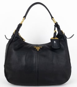 PRADA HOBO BLACK SOFT CALFSKIN LEATHER GOLD