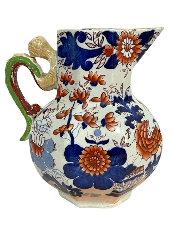 IMARI-STYLE PORCELAIN PITCHER W DRAGON HANDLE 9" (1 of 8)
