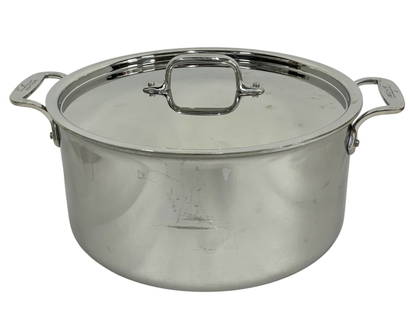 ALL-CLAD STAINLESS STEEL STOCK POT WITH LID 8 QT: ALL-CLAD STAINLESS STEEL STOCK POT WITH LID – APPROX. 8-QUART CAPACITY. THIS PROFESSIONAL-GRADE STOCK POT FEATURES A HIGHLY POLISHED STAINLESS STEEL BODY, RIVETED HANDLES FOR STABILITY, AND A SNUG-F