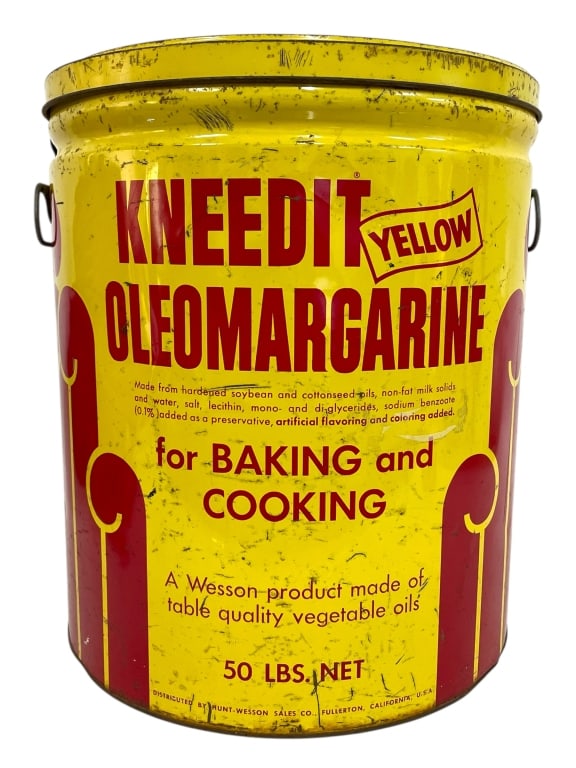 VINTAGE KNEEDIT YELLOW OLEOMARGARINE TIN 14.5" (1 of 6)