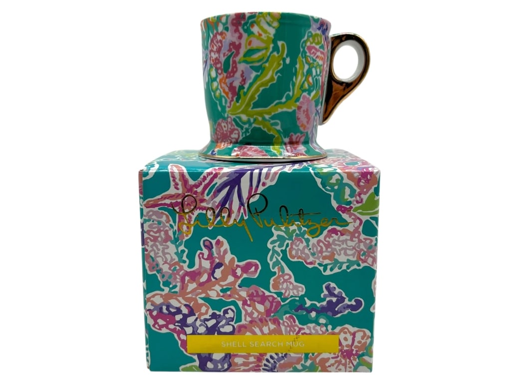 LILLY PULITZER SHELL SEARCH MUG 12OZ WITH BOX: LILLY PULITZER SHELL SEARCH MUG 12OZ WITH BOX -NEW WITH BOX -APPROX 3.5"x5"x3.5" - -BW 070925 By bidding on this item, you are ab