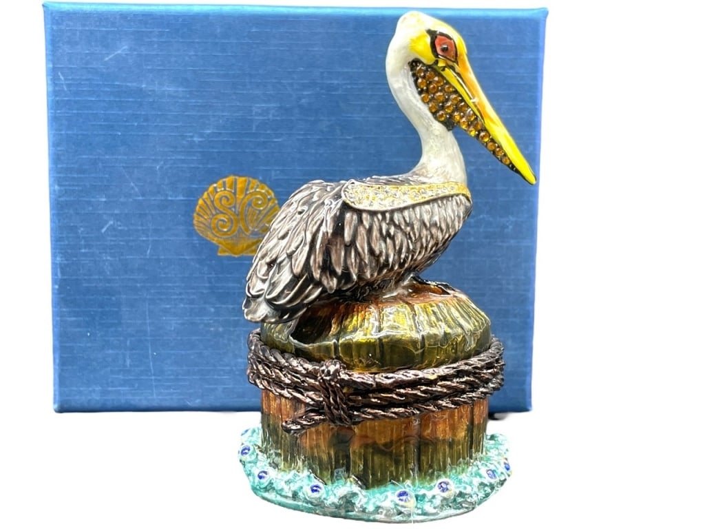 NEW JAY STRONGWATER STYLE ENAMEL PELICAN BOX: NEW! JAY STRONGWATER STYLE JEWELED ENAMEL COASTAL PELICAN TRINKET BOX_x005F -NEW IN BOX_x005F -DP121124_x005F _x005F ***Please note that due to limited storage space, all items must be picked up withi