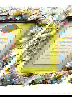 LARGE MACKENZIE-CHILDS MOSAIC POTTERY FRAME 15": MACKENZIE-CHILDS MOSAIC POTTERY FRAME – VICTORIAN PUTTY JUG SHARD DESIGN WITH GOLD GILT ACCENTS, HANDCRAFTED IN AURORA, NY. FRAME MEASURES APPROXIMATELY 15" X 13". A PLAYFUL PATCHWORK OF CASTAWAY CE