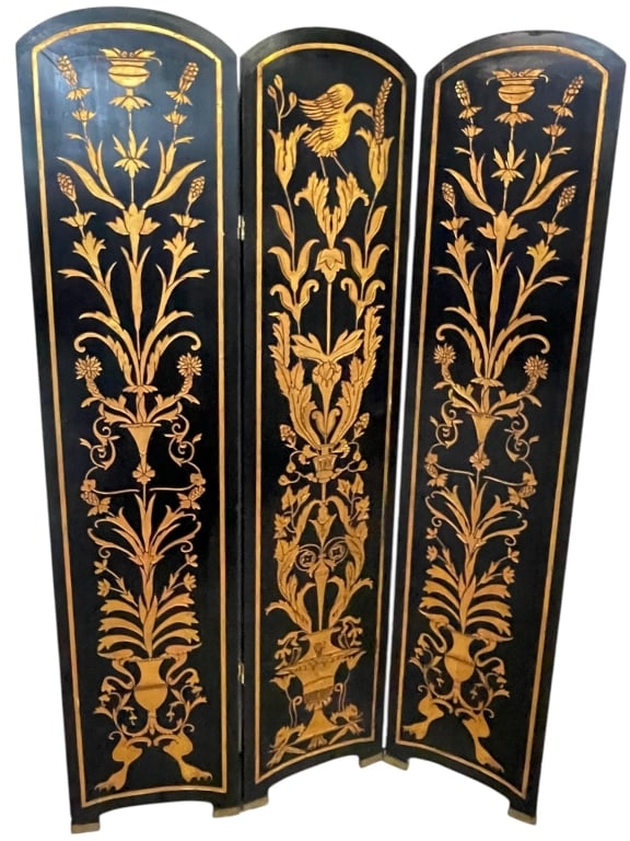 HAND-PAINTED BLACK & GOLD THREE-PANEL SCREEN 48" (1 of 5)