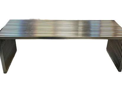 MILO BAUGHMAN STYLE CHROME SLAT COFFEE TABLE 47": MILO BAUGHMAN STYLE BRUSHED CHROME SLAT COFFEE TABLE / | STRIKING MID-CENTURY MODERN STYLE COFFEE TABLE IN THE MANNER OF MILO BAUGHMAN, FEATURING A SLEEK BRUSHED CHROME FINISH WITH SLATTED TOP AND SID