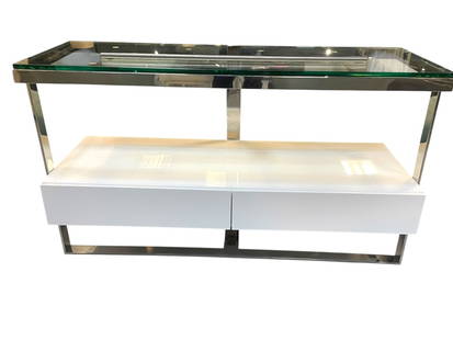 SLEEK MODERN CONSOLE MEDIA TABLE 51": SLEEK MODERN CONSOLE OR MEDIA TABLE FEATURING A HIGH-GLOSS WHITE STORAGE UNIT WITH TWO CONCEALED DRAWERS, ELEGANTLY SUSPENDED BENEATH A CLEAR GLASS TOP. THE ENTIRE STRUCTURE IS SUPPORTED BY A POLISHED