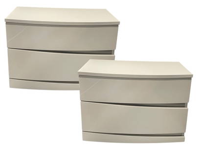 PAIR OF MODERN WHITE HIGH GLOSS NIGHTSTANDS 23.5": PAIR OF MODERN WHITE HIGH GLOSS NIGHTSTANDS – 16.5" X 23.5" X 16"PAIR OF MODERN NIGHTSTANDS OR END TABLES WITH CURVED FRONT DRAWERS AND A SLEEK WHITE HIGH-GLOSS FINISH. STYLISH STORAGE SOLUTION FOR