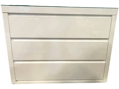 CONTEMPORARY WHITE HIGH-GLOSS THREE-DRAWER DRESSER: CONTEMPORARY WHITE HIGH-GLOSS THREE-DRAWER DRESSER WITH GLASS TOP – SLEEK MODERN DESIGN WITH RECESSED DRAWER PULLS AND TEMPERED GLASS TOP. DIMENSIONS APPROXIMATELY 33" H X 44.5" W X 18" D._x005F -VE