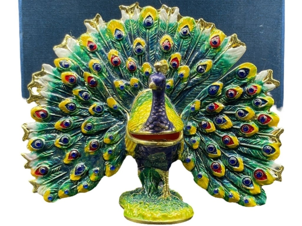 NEW!! STRONGWATER STYLE JEWELED ENAMEL PEACOCK TRX: NEW!! STRONGWATER STYLE JEWELED ENAMEL PEACOCK TRINKET BOX_x005F -NEW IN BOX******For In-house Shipping Options****** ******DeJaVuAuctionShipping.com*******