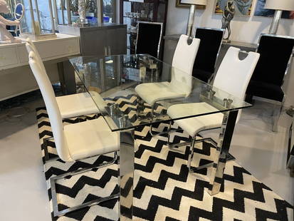 MODERN GLASS DINING TABLE W 4 CHAIRS 61": MODERN GLASS DINING TABLE WITH FOUR WHITE FAUX LEATHER CHAIRSSTYLISH CONTEMPORARY DINING SET FEATURING A RECTANGULAR GLASS-TOP TABLE WITH POLISHED CHROME LEGS AND FOUR MODERN WHITE FAUX LEATHER CHAIRS