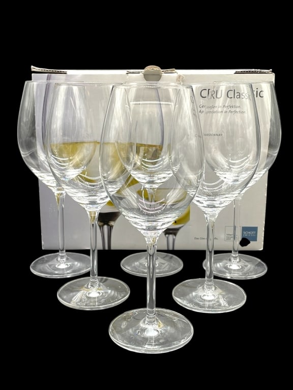 6 SCHOTT ZWIESEL CRU CLASSIC WINE GLASSES IN BOX: 6 SCHOTT ZWIESEL CRU CLASSIC WINE GLASSES IN BOX_x005F -VERY GOOD PRE OWNED CONDITION_x005F -SET OF 6 WINE GLASSES IN BOX_x005F -APPROX 8" X 2.25"_x005F -GERMAN-MADE CRYSTAL STEMWARE KNOWN FOR DURABIL