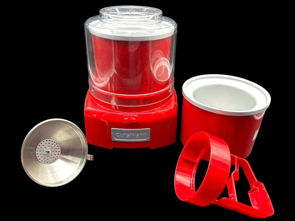 CUISINART FROZEN YOGURT - ICE CREAM MAKER: CUISINART FROZEN YOGURT - ICE CREAM MAKER RED_x005F -VERY GOOD PRE-OWNED CONDITION_x005F -APPROX. 11.5"_x005F BRIGHT RED CUISINART FROZEN YOGURT & ICE CREAM MAKER – STUNNING COLOR, CLASSIC DESIGN, A