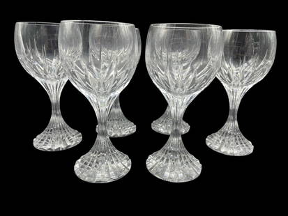 6 BACCARAT “MASSENA?? CRYSTAL WATER GOBLETS: 6 BACCARAT “MASSENA” CRYSTAL WATER GOBLETS IN CLEAR AND FROSTED GLASS. EACH GLASS FEATURES A FROSTED LEAF-MOTIF STEM, FACETED DETAILS, AND A SMOOTH, ROUNDED BOWL, SHOWCASING BACCARAT’S ICONI