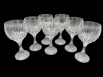 7BACCARAT “MASSENA?? CRYSTAL WATER GLASSES: 6 BACCARAT “MASSENA&rdquo; CRYSTAL WATER GOBLETS IN CLEAR AND FROSTED GLASS. EACH GLASS FEATURES A FROSTED LEAF-MOTIF STEM, FACETED DETAILS, AND A SMOOTH, ROUNDED BOWL, SHOWCASING BACCARAT’S ICONI