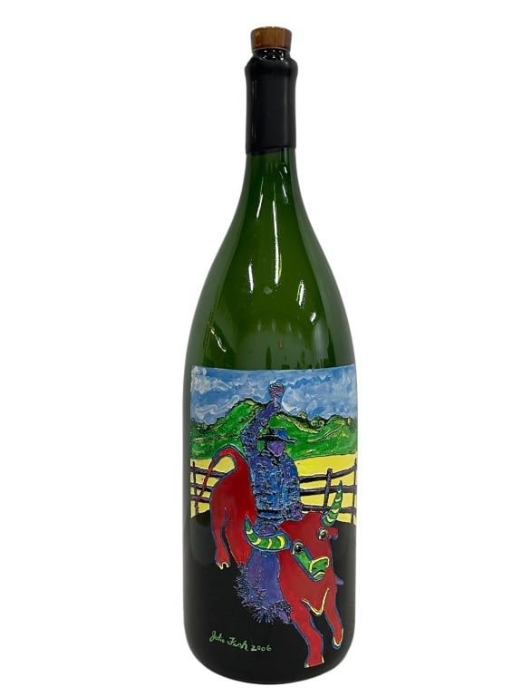 HAND-ETCHED PAINTED MAGNUM WINE BOTTLE ART 26": HAND-ETCHED AND PAINTED MAGNUM WINE BOTTLE ART BY JULIE FISH & CANDICE NORROSS – "MOTION 1 OR BULL WINE"IMPRESSIVE HAND-ETCHED AND PAINTED MAGNUM BOTTLE FEATURING A VIBRANT SCENE OF A BULL RIDER, SI