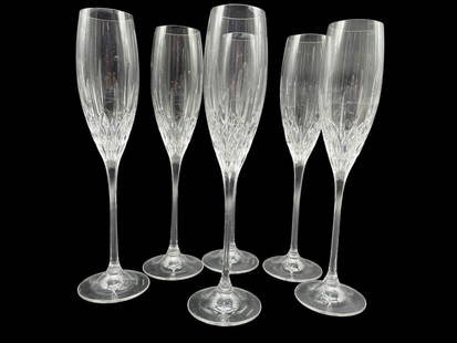 SET OF 6 VERA WANG FOR WEDGWOOD FLUTES 10.5": SET OF 6 VERA WANG FOR WEDGWOOD "WITH LOVE TOASTING FLUTES" — ELEGANT AND SLENDER CRYSTAL CHAMPAGNE FLUTES DESIGNED BY VERA WANG FOR WEDGWOOD, FEATURING A TAPERED FORM WITH INTRICATE VERTICAL AND CR