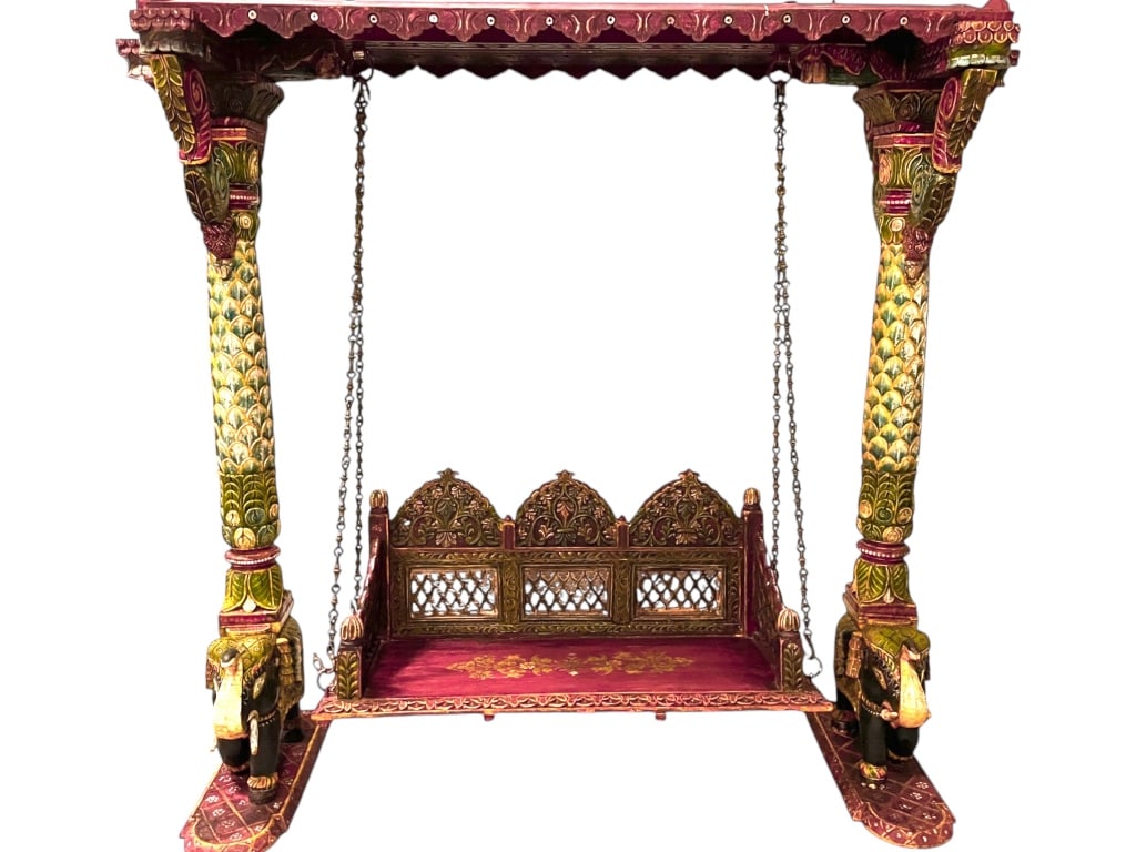 TEAK WOOD CARVED MAHARAJA ELEPHANT SWING 83" (1 of 15)