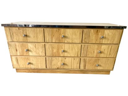 MID MOD WOOD & CHROME 9 DRAWER DRESSER 66": MODERN NATURAL LOOK WOOD NINE-DRAWER DRESSER WITH CHROME-TONE TRIM | MID CENTURY MODERN STYLE MID MOD | A STRIKING MODERN DRESSER FEATURING A NATURAL LOOKING WOOD FINISH AND CLEAN, MINIMALIST LINES. T