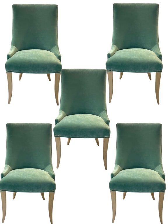 SET OF 5 TRANSITIONAL STYLE ACCENT CHAIRS: SET OF 5 TRANSITIONAL STYLE ACCENT CHAIRS – ELEGANT AND COMFORTABLE UPHOLSTERED CHAIRS FEATURING CURVED LINES AND LUXURIOUS SEAFOAM GREEN VELVET FABRIC. EACH CHAIR IS DETAILED WITH SILVER NAILHEAD T