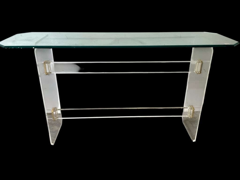 MID MOD LUCITE, GLASS & BRASS CONSOLE TABLE 53" (1 of 5)