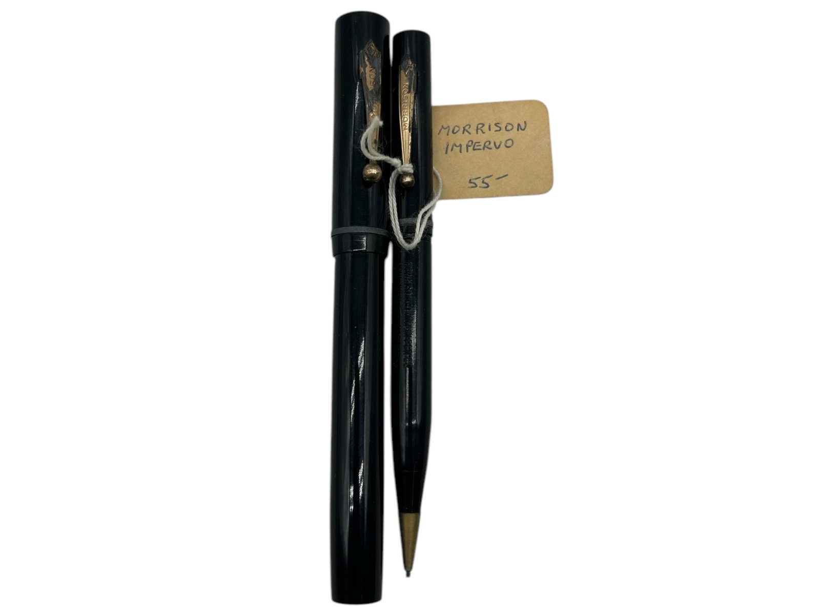 MORRISON "IMPERVO" VINTAGE FOUNTAIN PEN: -CLASSIC BLACK HARD RUBBER WRITING SET BY MORRISON, FEATURING THEIR ICONIC "IMPERVO" BRANDING. THE FOUNTAIN PEN IS FITTED WITH A 14K GOLD NIB MARKED “14K MADE IN U.S.A.” AND PAIRED WITH A MATC